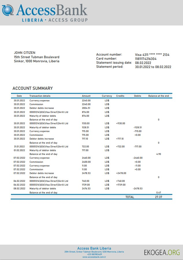 Déclaration de la Liberia Access Bank